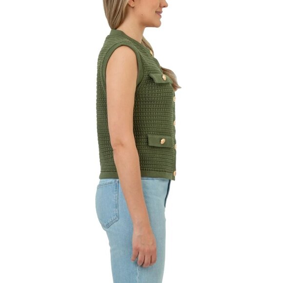 BLANKNYC Womens Sleeveless Sweater Vest Olive Gold Buttons Designer Inspired - Picture 2 of 6